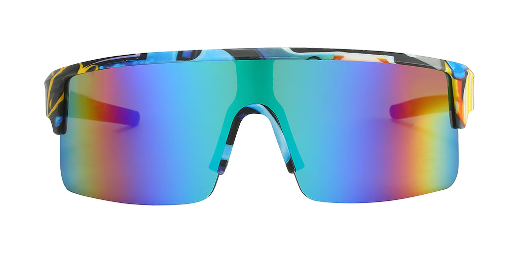 Piranha Graffiti Shield Sports Sunglasses - Large Multicolor Mirror Lens, Unisex Wrap Style