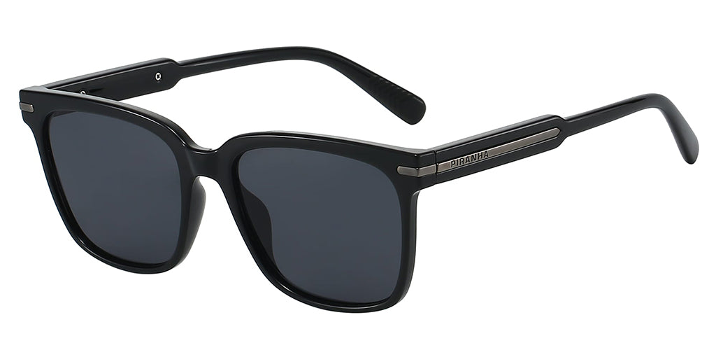 Three quarters front facing view of a black square sunglasses frame with dark lenses, a molded plastic construction, and a lightweight design on a white background. Metal brads on outer corners for an attractive accent. Saddle bridge dips into flared nose pad as part of the frame.