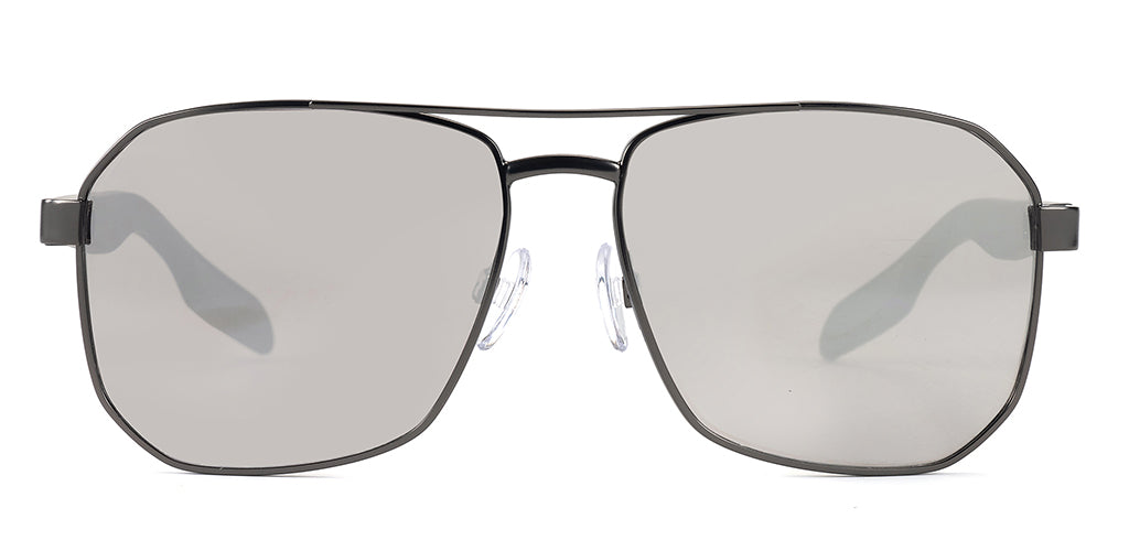 Front facing view of angular aviator sunglasses frame with smoky gray tinted lenses, lightweight metal construction, and a smooth gray metal finish on a white background.