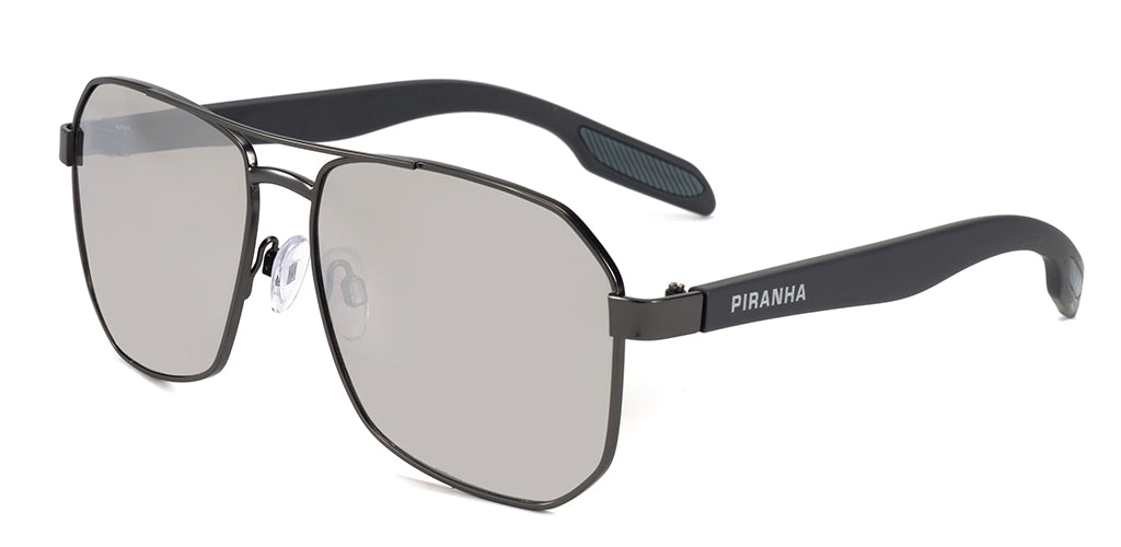 Three quarters front facing view of angular aviator sunglasses frame with smoky gray tinted lenses, lightweight metal construction, and a smooth gray metal finish on a white background.