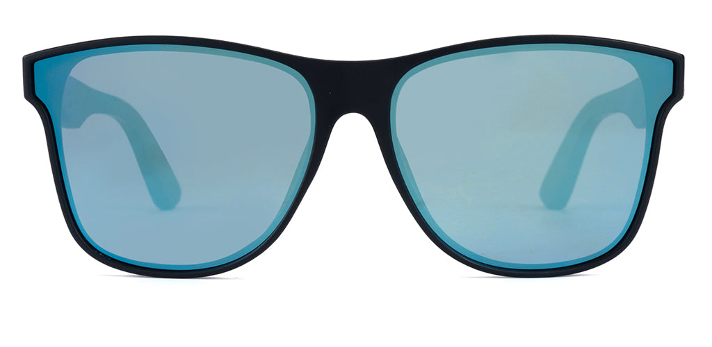 Front facing view of a square black full rim sunglasses frame with blue mirror tinted lenses, lightweight plastic construction, dark brown bamboo temples, and a smooth finish on a white background.