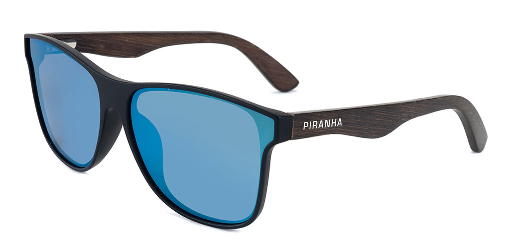 Three quarters front facing view of a square black full rim sunglasses frame with blue mirror tinted lenses, lightweight plastic construction, dark brown bamboo temples, and a smooth finish on a white background.
