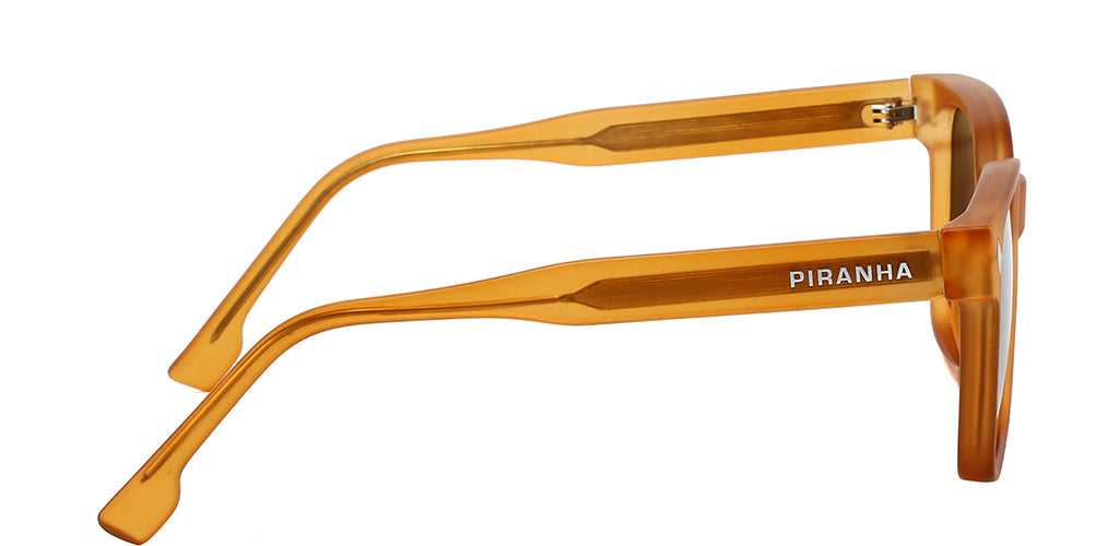 Right facing view of a vibrant orange frosted square sunglasses frame with dark gray polarized lenses.  Made of plastic with a slight frosted texture - made to be lightweight and comfortable. The temples have visible metal arms embedded in frosted orange plastic - with curved eartips flaring at tip in the shape of a square. Piranha san serif logo printed on right and left temples.