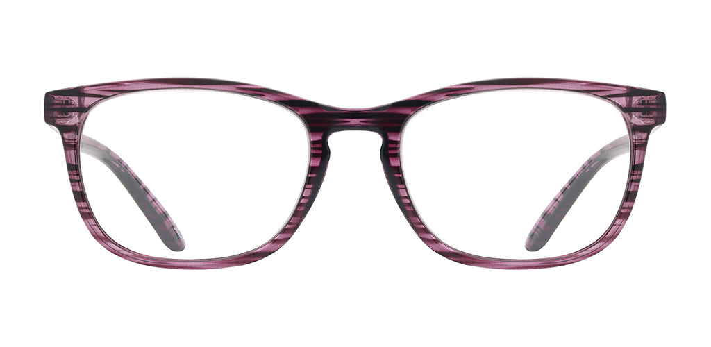 Front view of an oval cat eye reading glasses made of light crystal pink polycarbonate with black tiger stripes, a keyhole bridge, curved earpieces, and clear lenses on a white background.