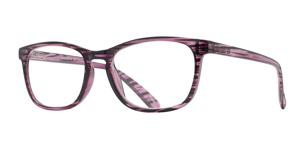 Three quarters front view of an oval cat eye reading glasses made of light crystal pink polycarbonate with black tiger stripes, a keyhole bridge, curved earpieces, and clear lenses on a white background. Piranha Optics brand visible on inner right side temple.