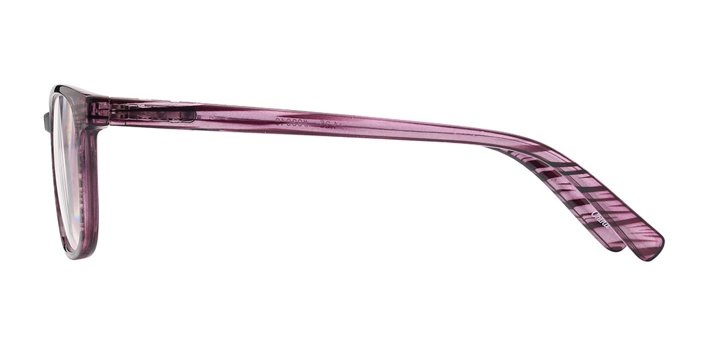 Left side facing view of an oval cat eye reading glasses made of light crystal pink polycarbonate with black tiger stripes, a keyhole bridge, curved earpieces, and clear lenses on a white background. 