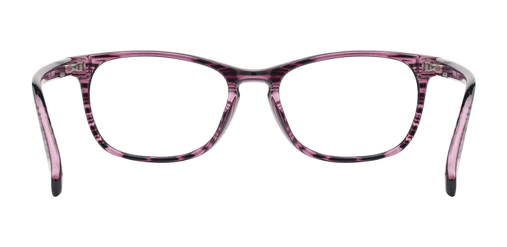 Back view of an oval cat eye reading glasses made of light crystal pink polycarbonate with black tiger stripes, a keyhole bridge, curved earpieces, and clear lenses on a white background.