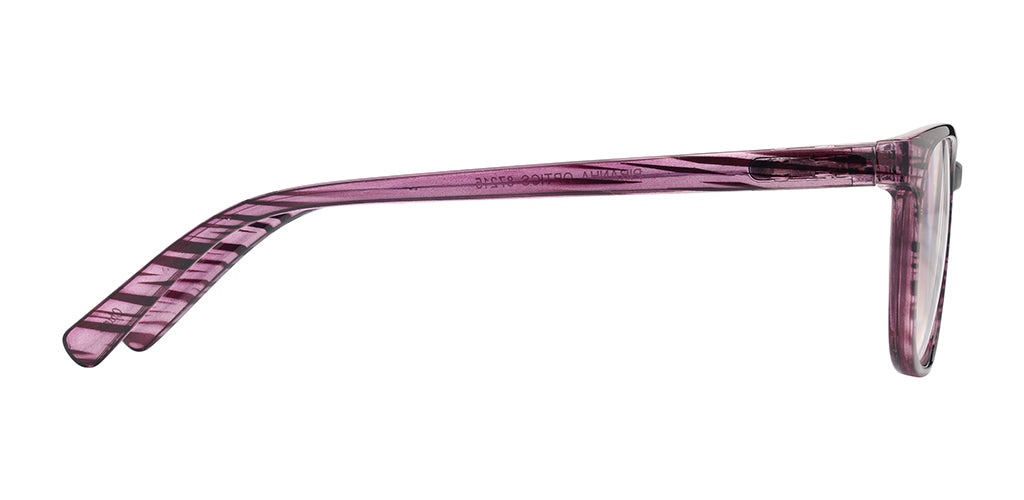 Right side facing view of an oval cat eye reading glasses made of light crystal pink polycarbonate with black tiger stripes, a keyhole bridge, curved earpieces, and clear lenses. 
